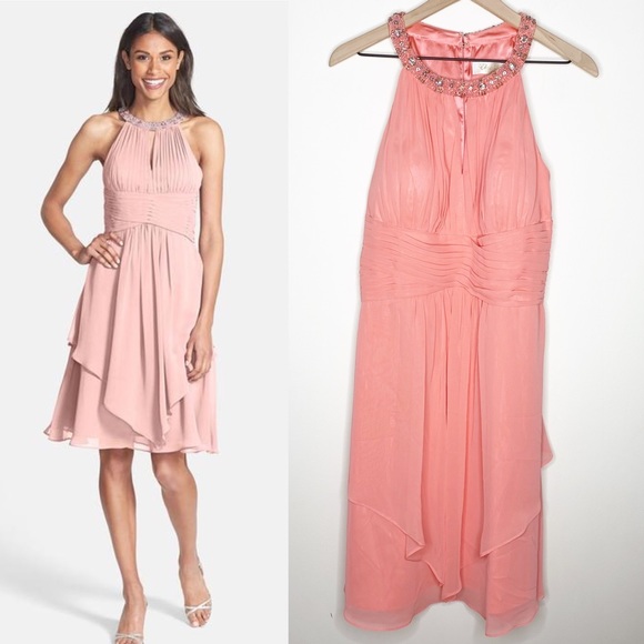 Eliza J Pink Chiffon Layered Keyhole Beaded Dress